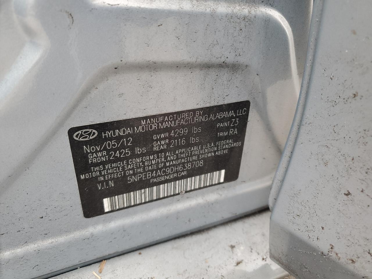 2013 Hyundai Sonata VIN 5NPEB4AC9DH638708 Copart auction photo, front end damage thumbnail 12