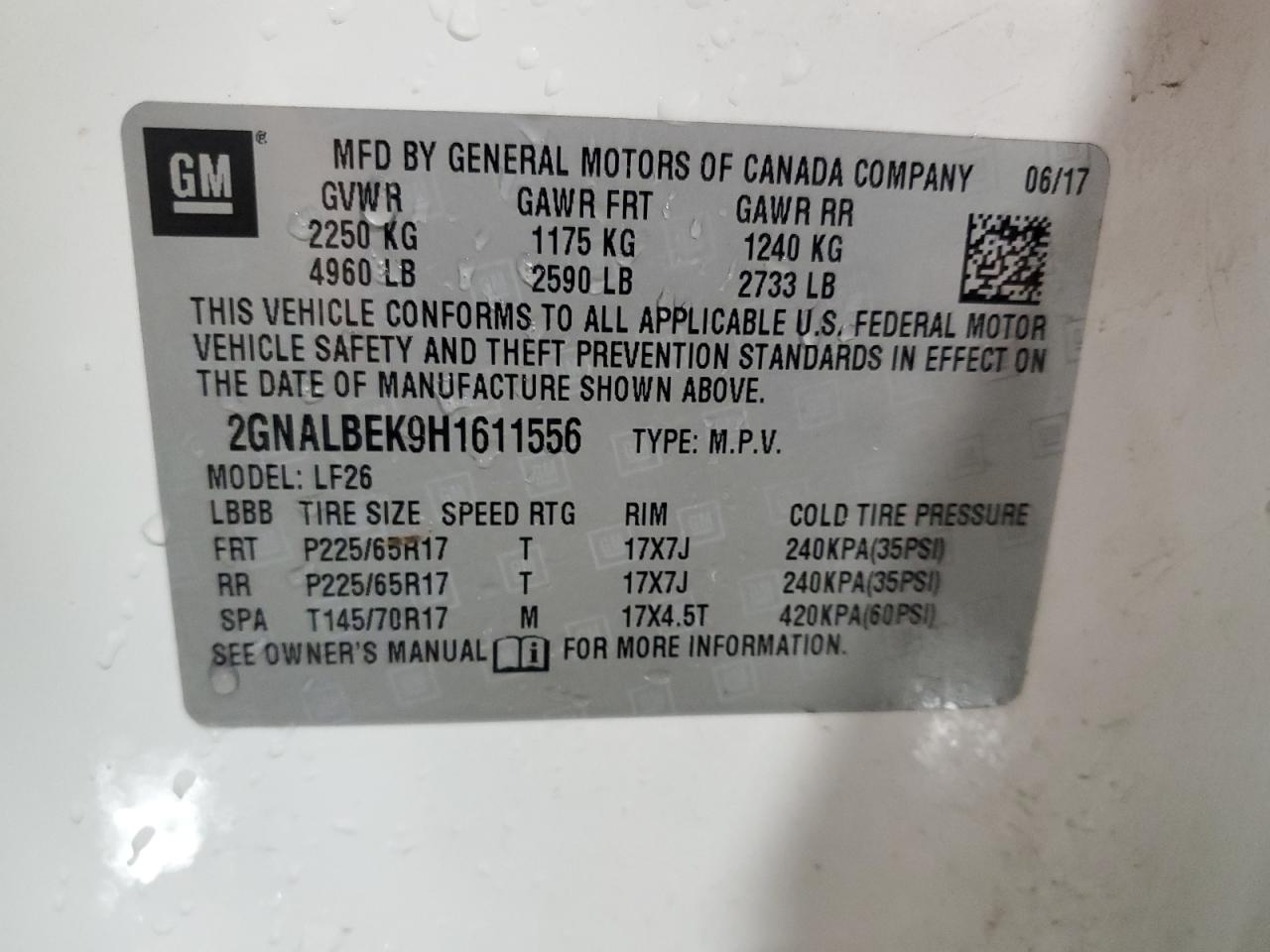 2017 Chevrolet Equinox VIN 2GNALBEK9H1611556 Copart auction photo, front end / side damage thumbnail 15