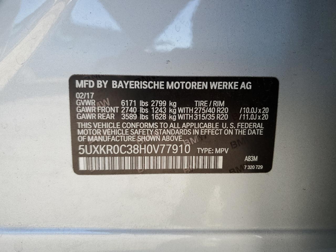 2017 BMW X5 VIN 5UXKR0C38H0V77910 Copart auction photo, minor dent/scratches damage thumbnail 13