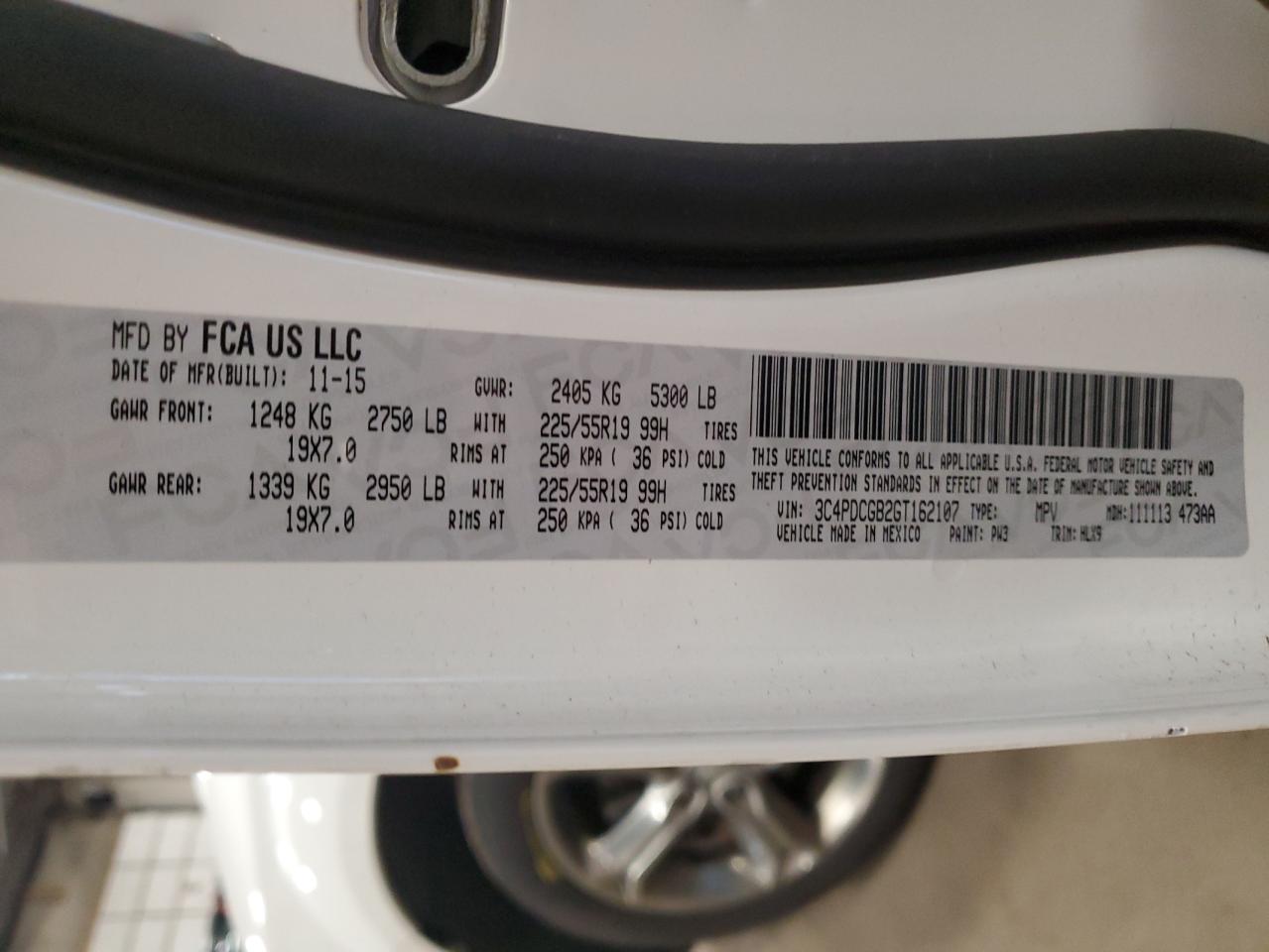 2016 Dodge Journey VIN 3C4PDCGB2GT162107 Copart auction photo, rear end / side damage thumbnail 13