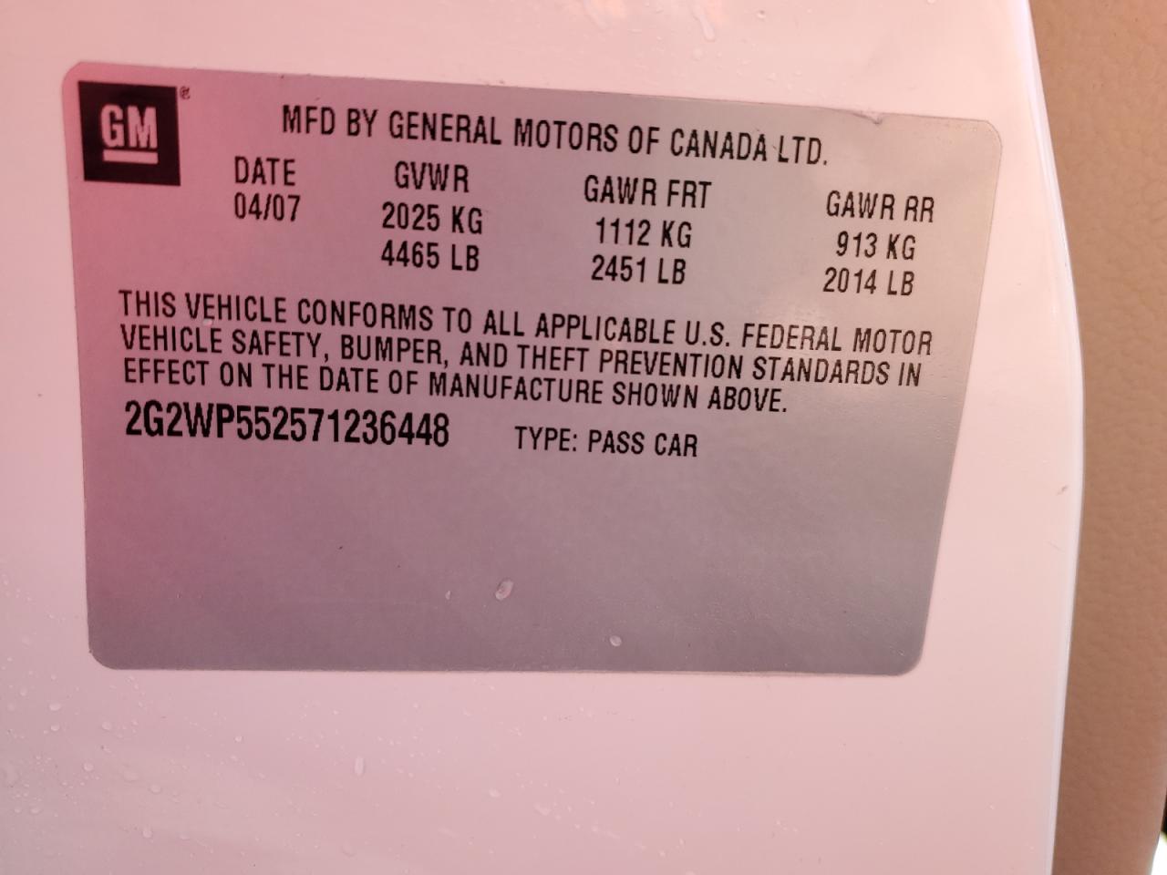 2007 Pontiac Grand Prix VIN 2G2WP552571236448 Copart auction photo, side damage thumbnail 12