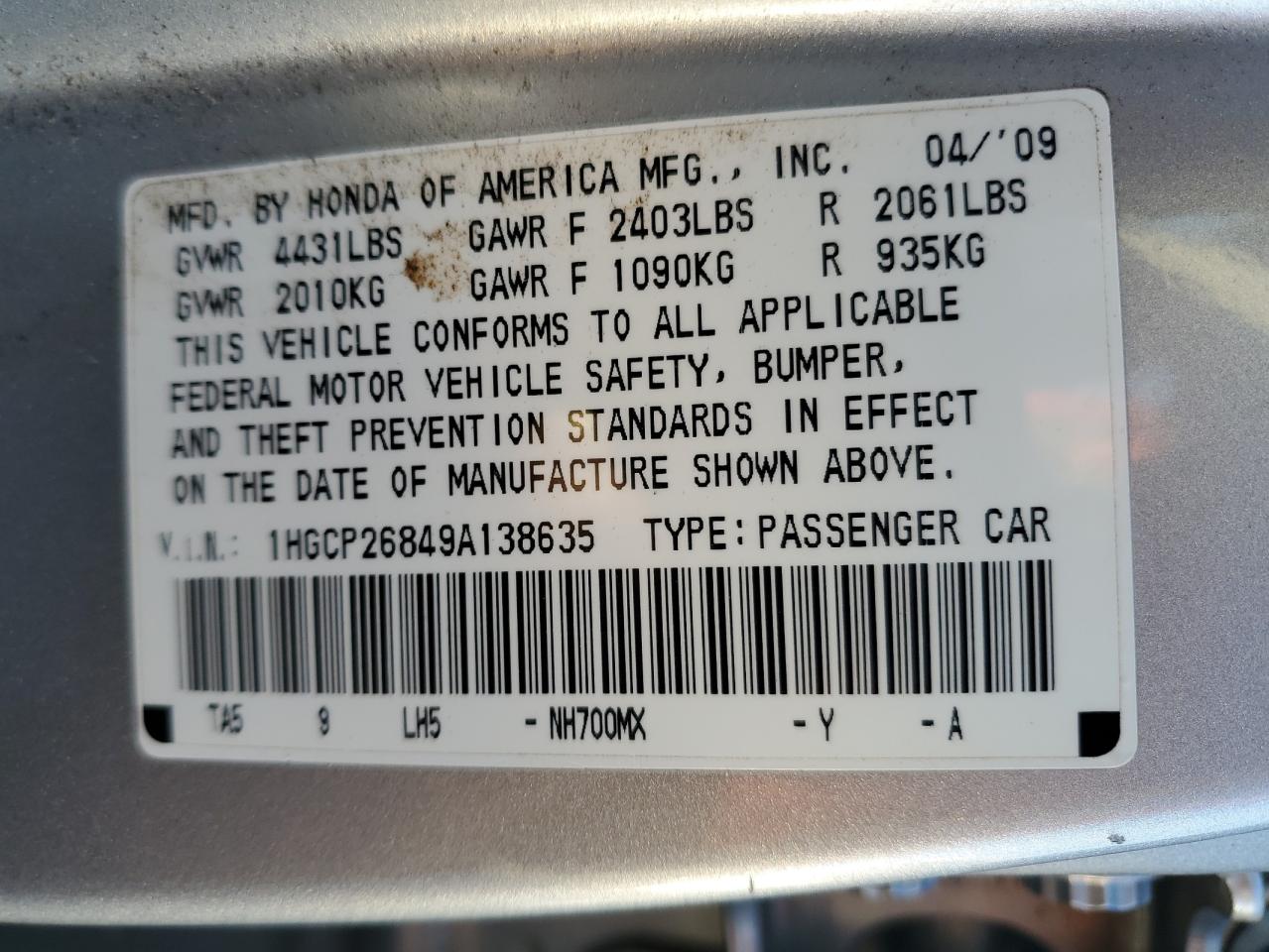 2009 Honda Accord VIN 1HGCP26849A138635 Copart auction photo, front end / side damage thumbnail 12