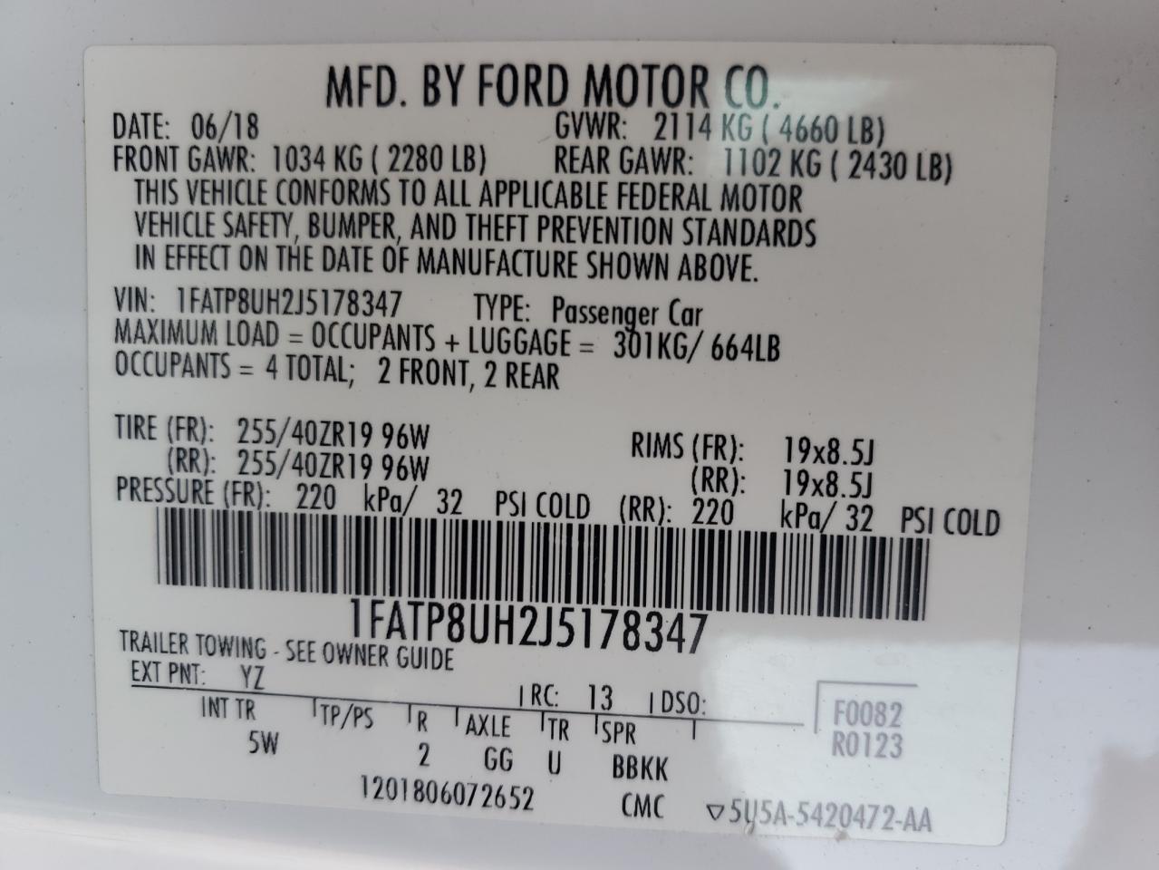 2018 Ford Mustang VIN 1FATP8UH2J5178347 Copart auction photo, front end damage thumbnail 12