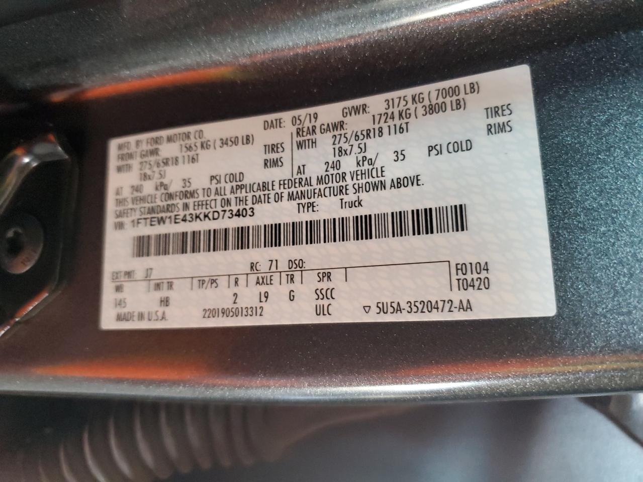 2019 Ford F-150 VIN 1FTEW1E43KKD73403 Copart auction photo, front end / undercarriage damage thumbnail 13