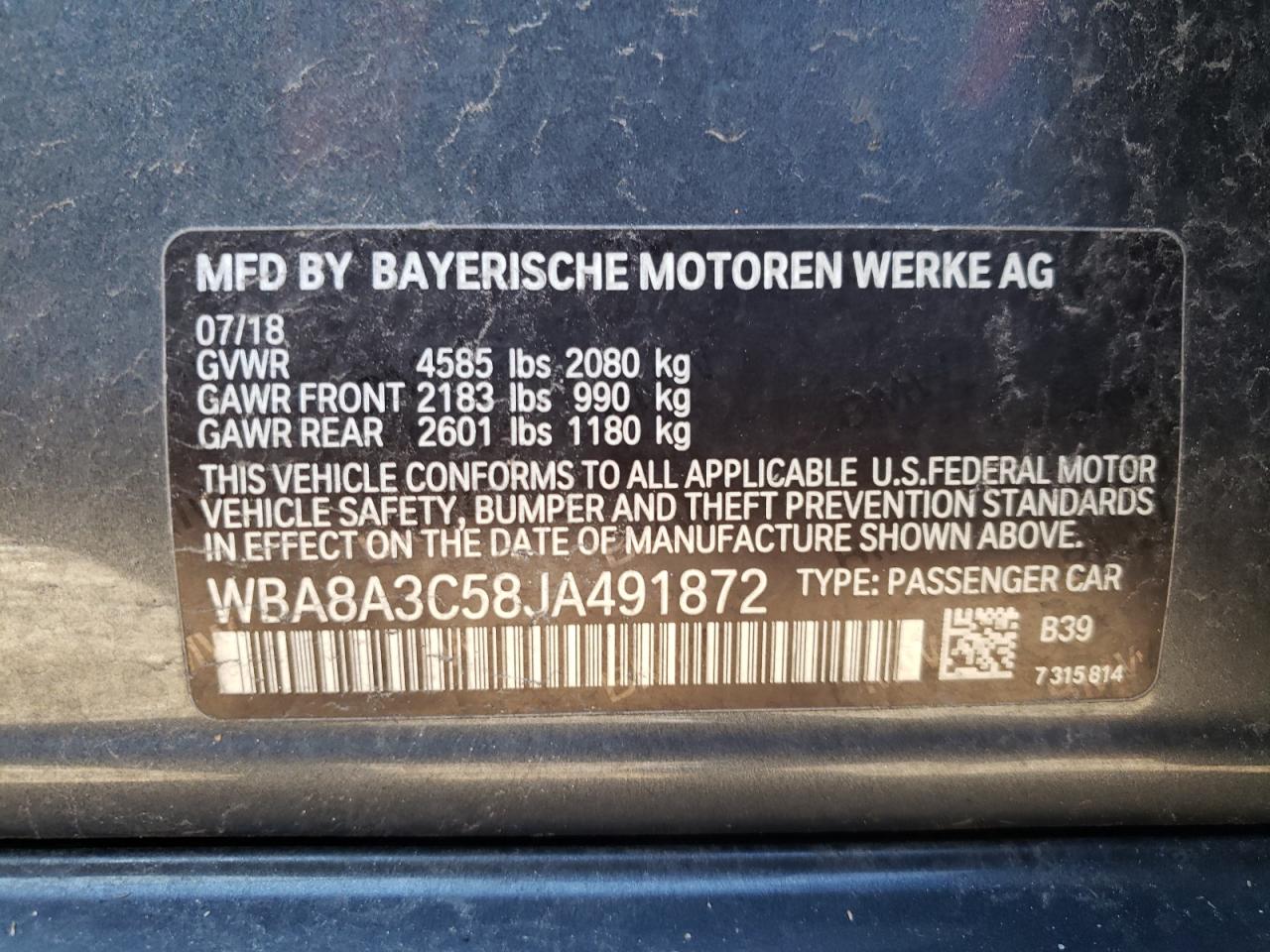 2018 BMW 3er VIN WBA8A3C58JA491872 Copart auction photo, front end / minor dent/scratches damage thumbnail 12
