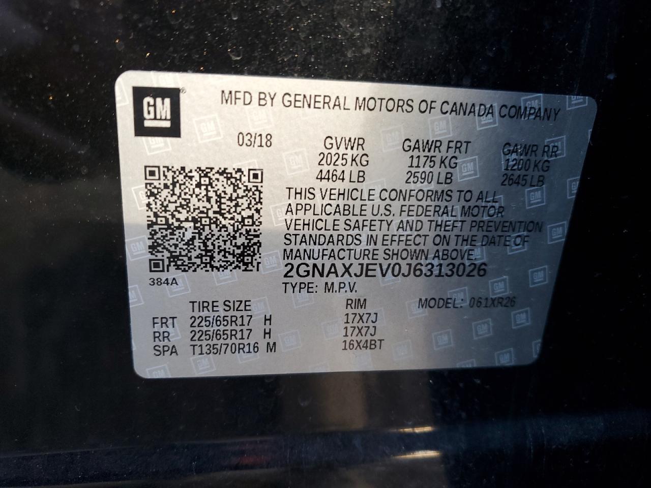 2018 Chevrolet Equinox VIN 2GNAXJEV0J6313026 Copart auction photo, front end damage thumbnail 13