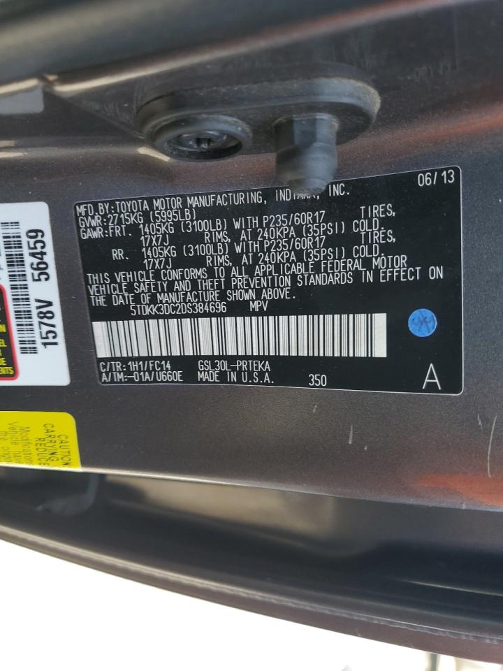 2013 Toyota Sienna VIN 5TDKK3DC2DS384696 Copart auction photo, front end damage thumbnail 13