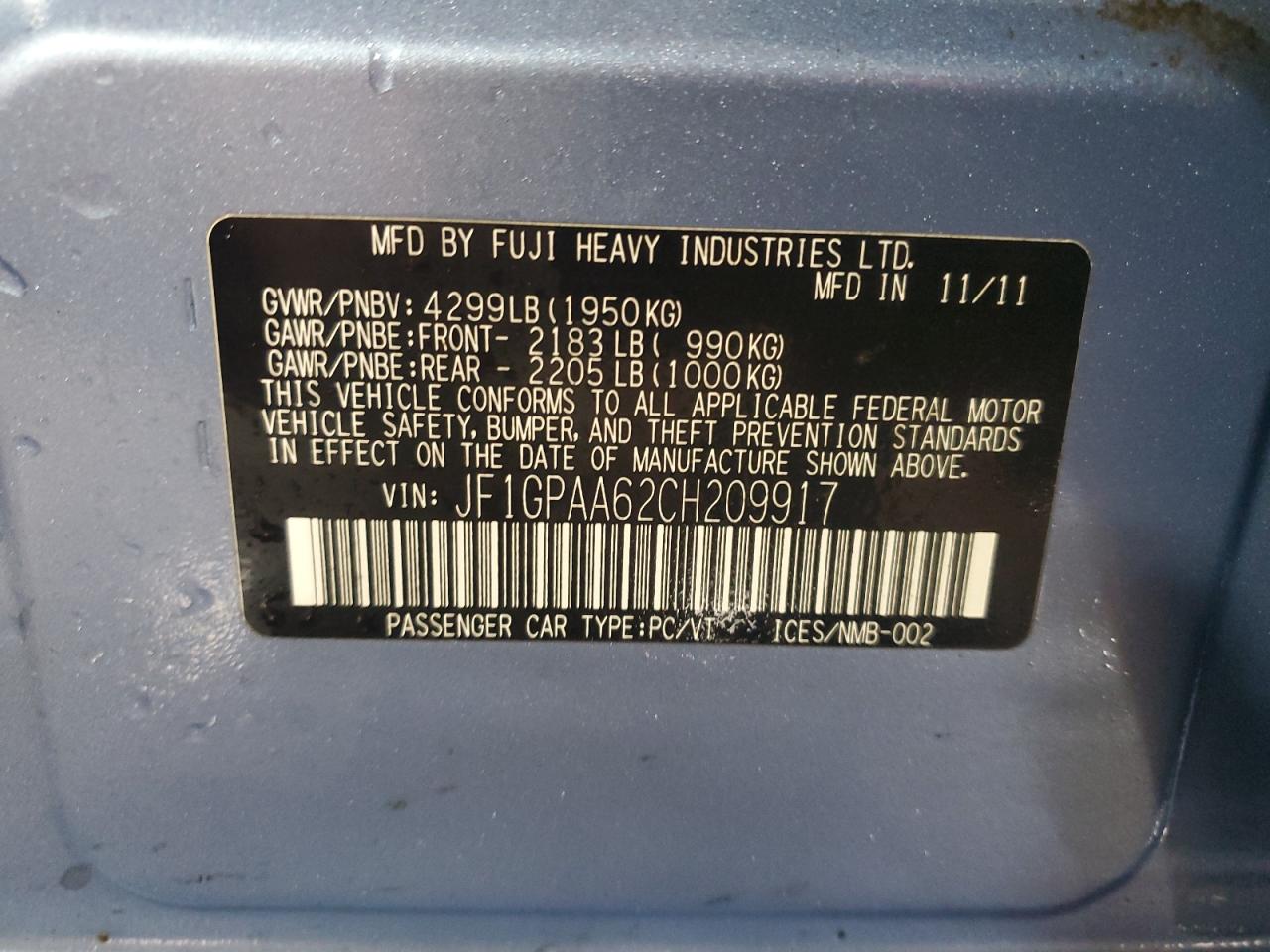 2012 Subaru Impreza VIN JF1GPAA62CH209917 Copart auction photo, front end / rear end damage thumbnail 12
