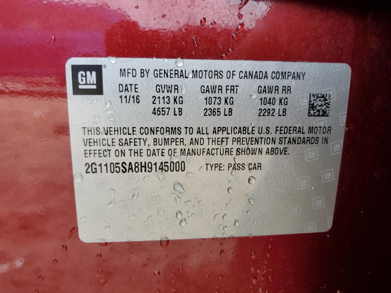 2017 Chevrolet Impala VIN 2G1105SA8H9145000 Copart auction photo, front end damage thumbnail 12