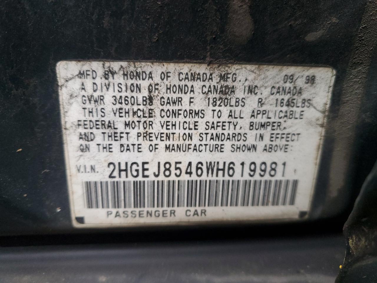 1998 Honda Civic VIN 2HGEJ8546WH619981 Copart auction photo, all over damage thumbnail 15