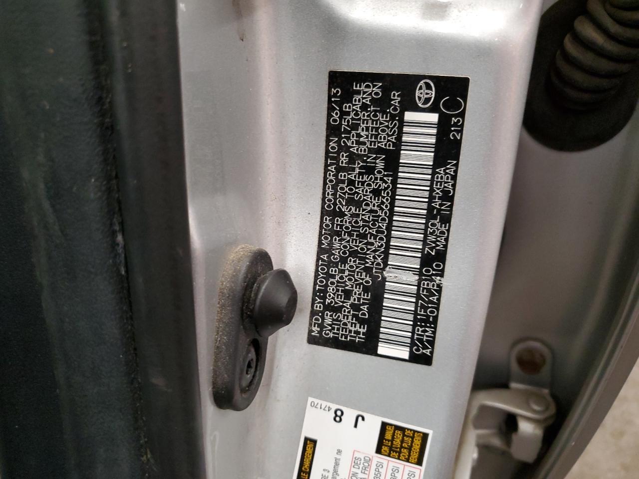2013 Toyota Prius VIN JTDKN3DU4D5665341 Copart auction photo, front end damage thumbnail 12