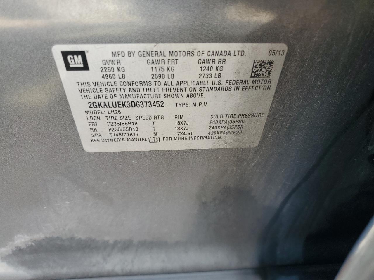 2013 GMC Terrain VIN 2GKALUEK3D6373452 Copart auction photo, front end / mechanical damage thumbnail 15