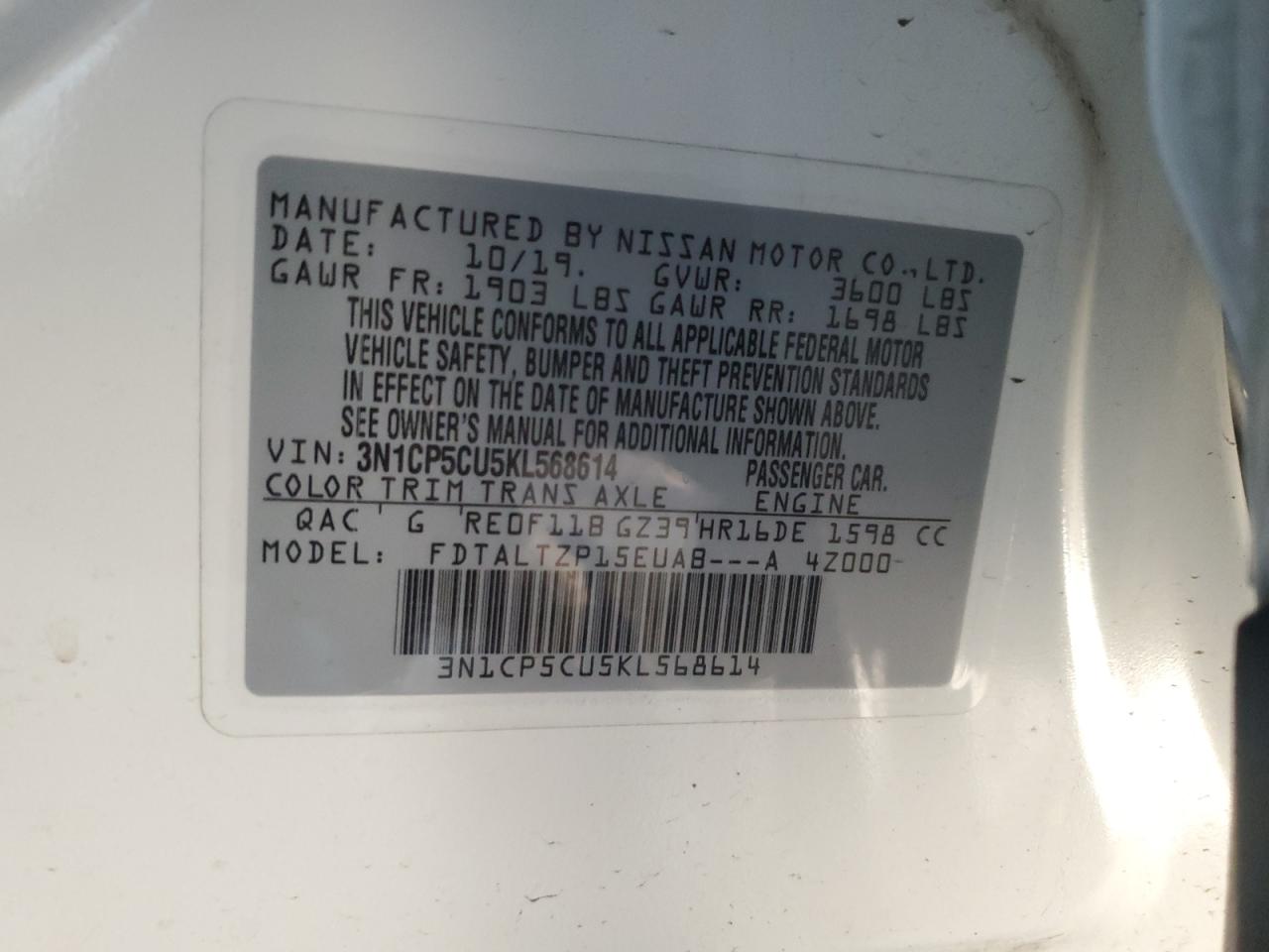 2019 Nissan Kicks VIN 3N1CP5CU5KL568614 Copart auction photo, front end / side damage thumbnail 14