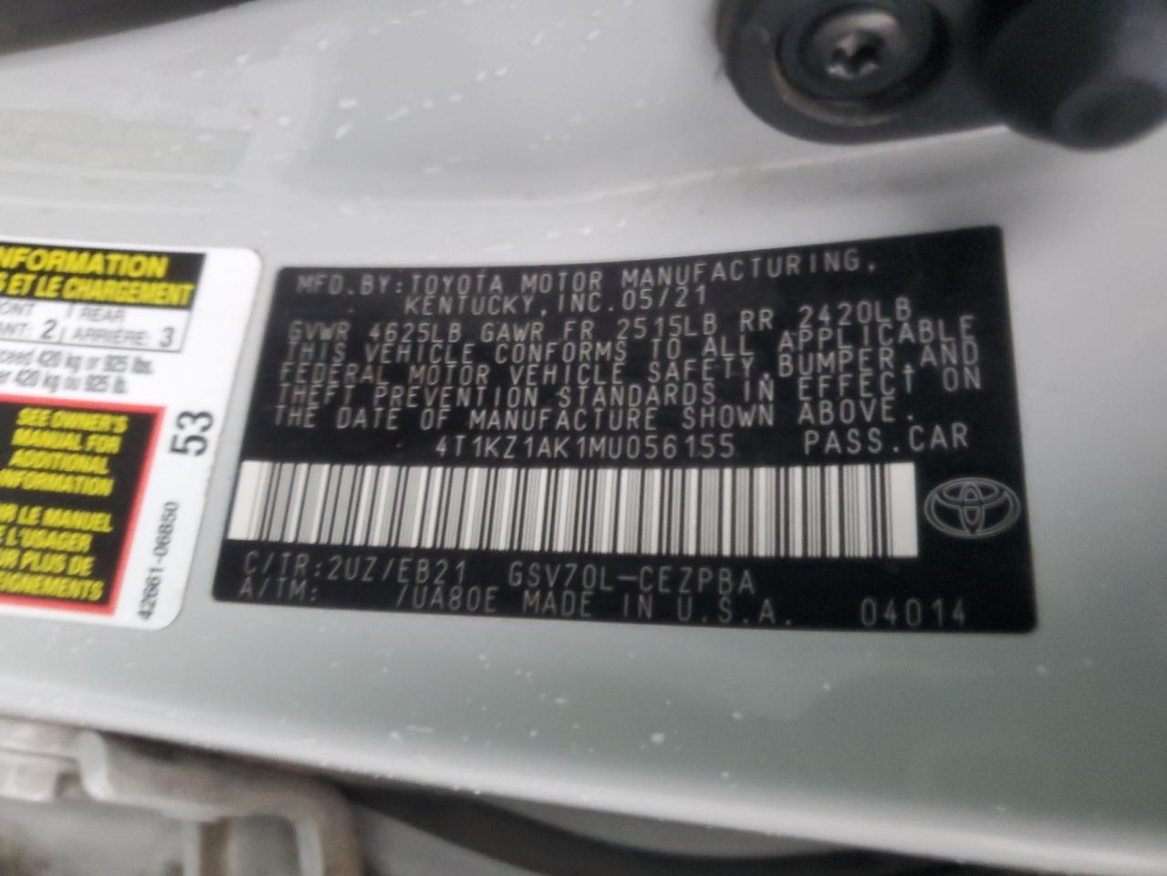 2021 Toyota Camry VIN 4T1KZ1AK1MU056155 Copart auction photo, vandalism / front end damage thumbnail 12