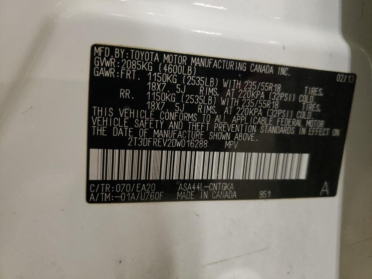 2013 Toyota RAV 4 VIN 2T3DFREV2DW016288 Copart auction photo, front end damage thumbnail 15