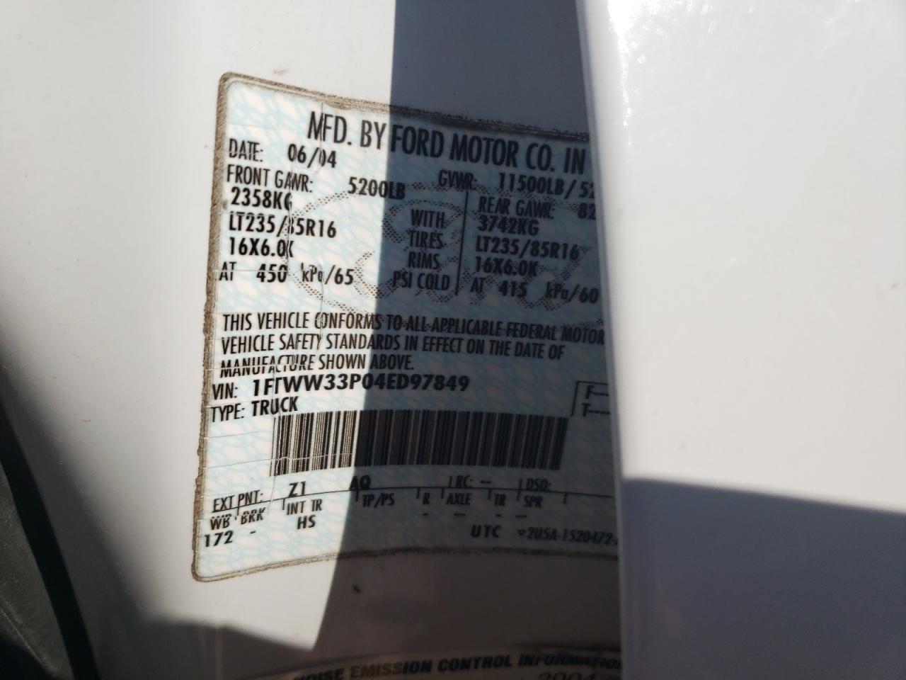 2004 Ford F350 VIN 1FTWW33P04ED97849 Copart auction photo, rollover damage thumbnail 12