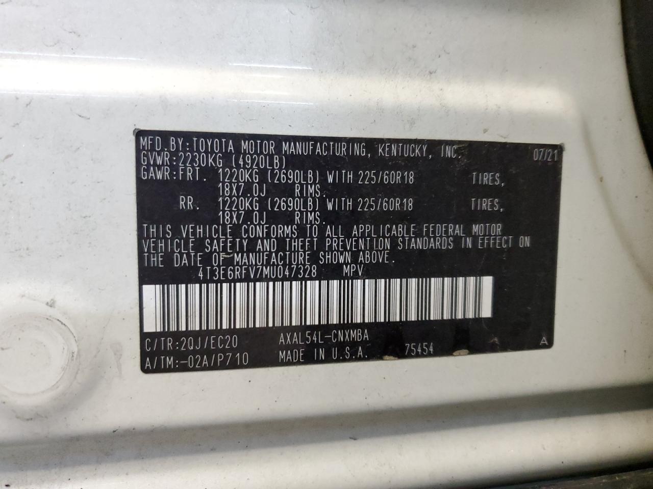 2021 Toyota RAV 4 VIN 4T3E6RFV7MU047328 Copart auction photo, rollover / undercarriage damage thumbnail 14
