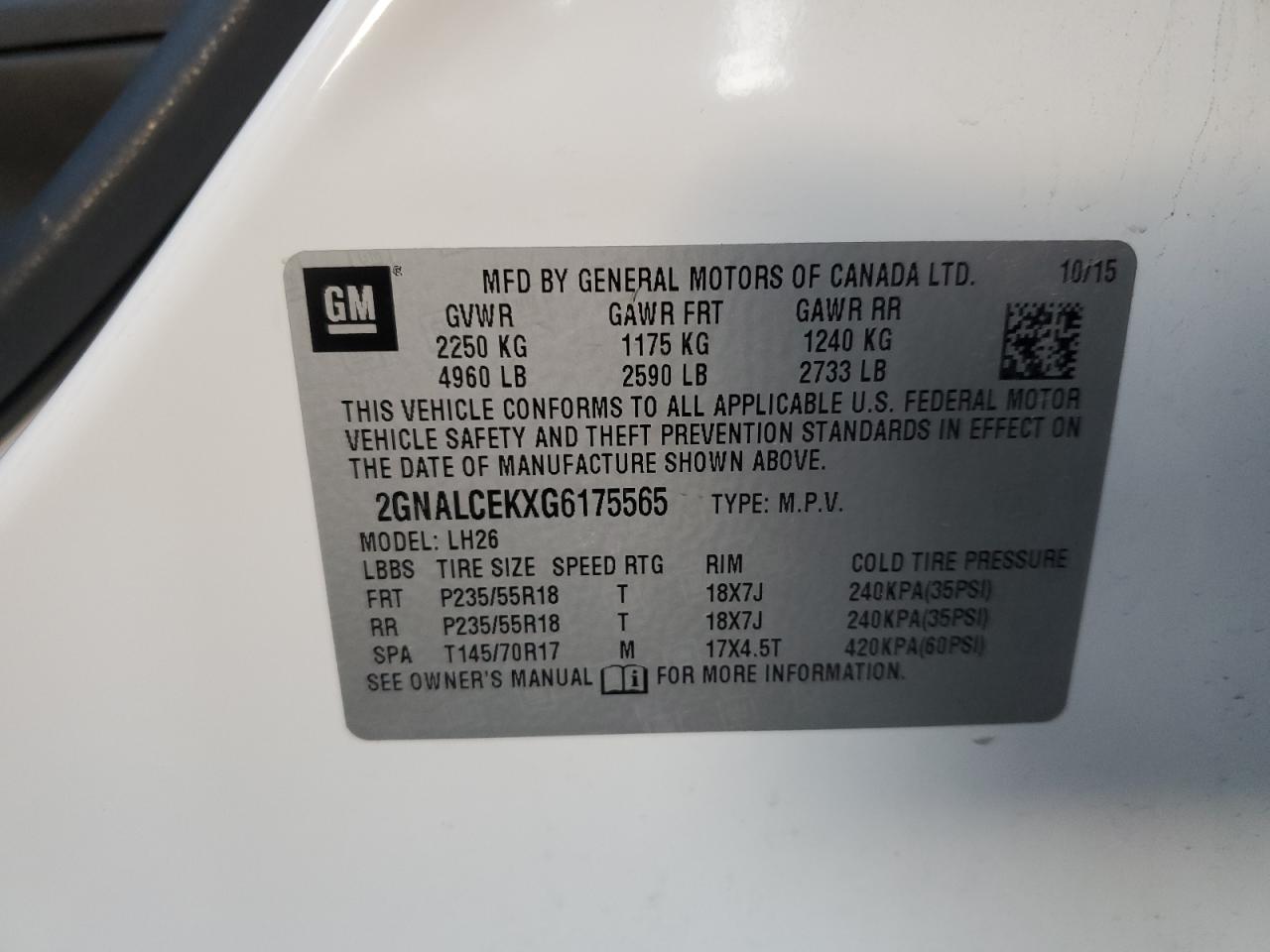 2016 Chevrolet Equinox VIN 2GNALCEKXG6175565 Copart auction photo, mechanical damage thumbnail 13