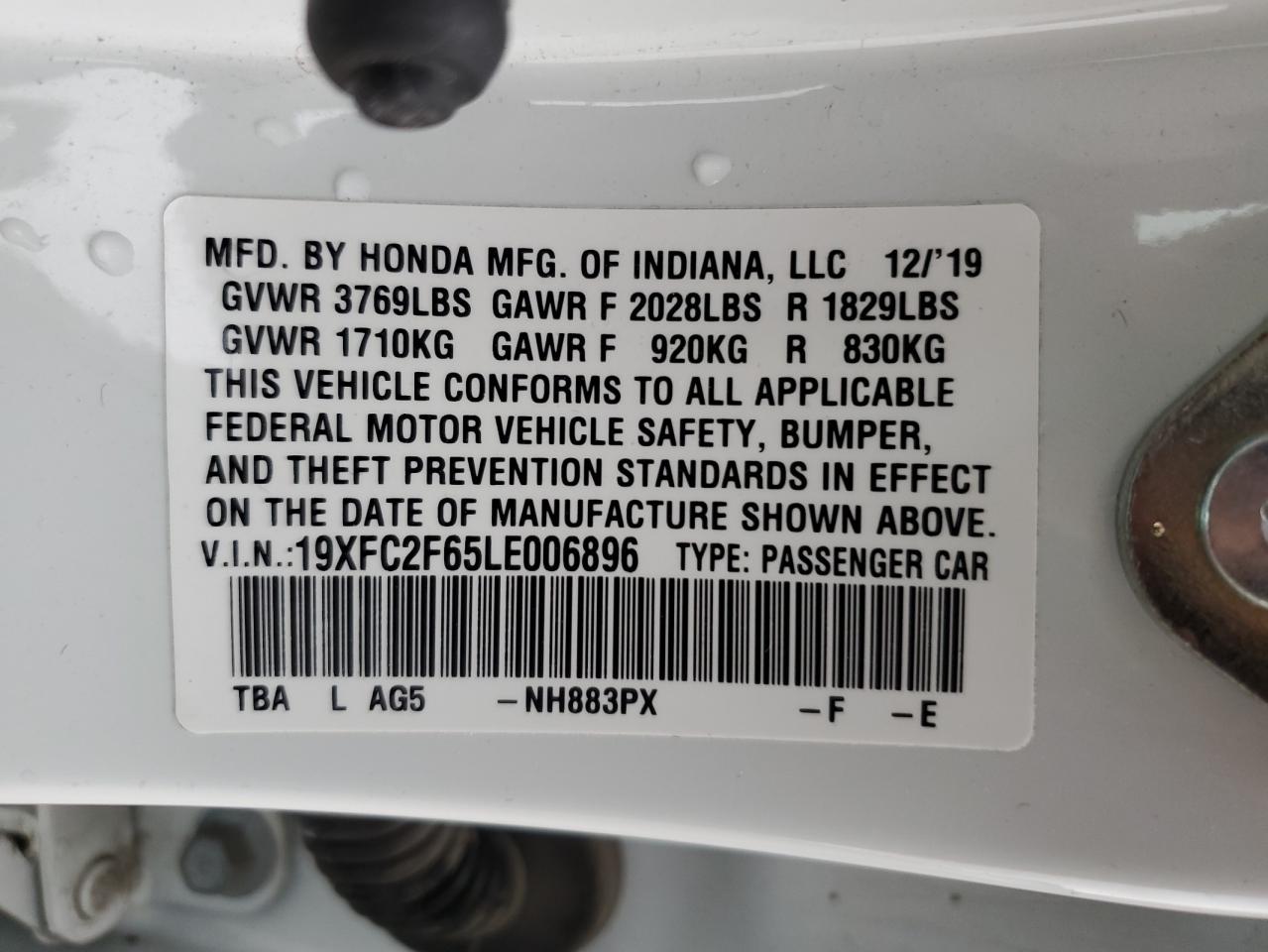 2020 Honda Civic VIN 19XFC2F65LE006896 Copart auction photo, hail damage thumbnail 12