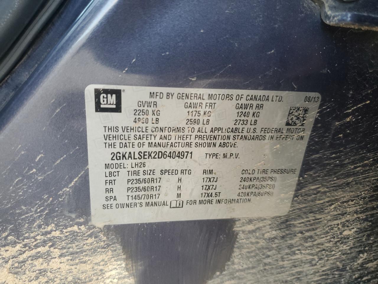 2013 GMC Terrain VIN 2GKALSEK2D6404971 Copart auction photo, front end damage thumbnail 13