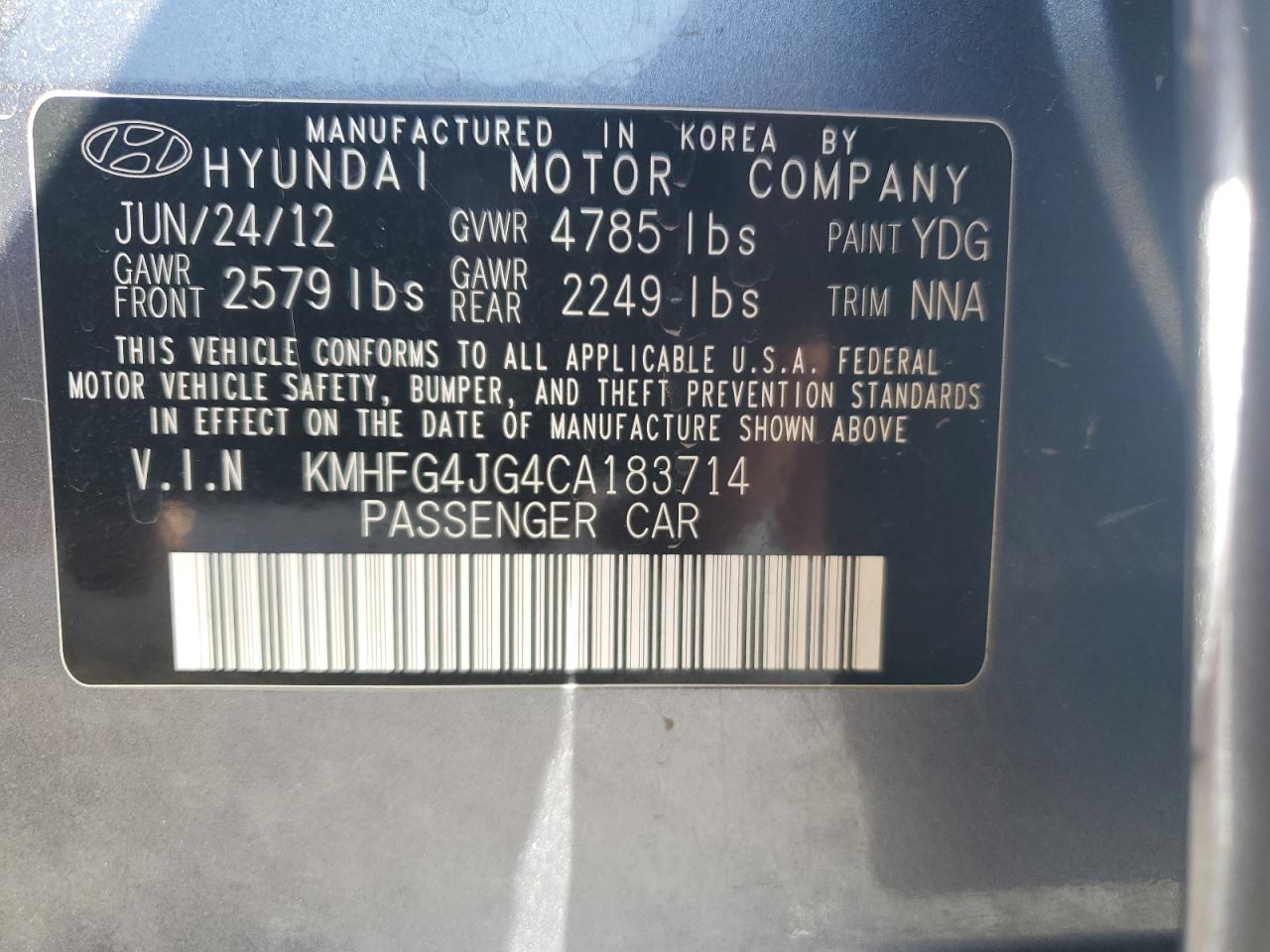 2012 Hyundai Azera VIN KMHFG4JG4CA183714 Copart auction photo, all over damage thumbnail 12