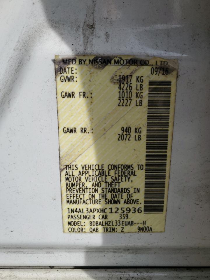 2017 Nissan Altima VIN 1N4AL3APXHC125936 Copart auction photo, rear end / front end damage thumbnail 12