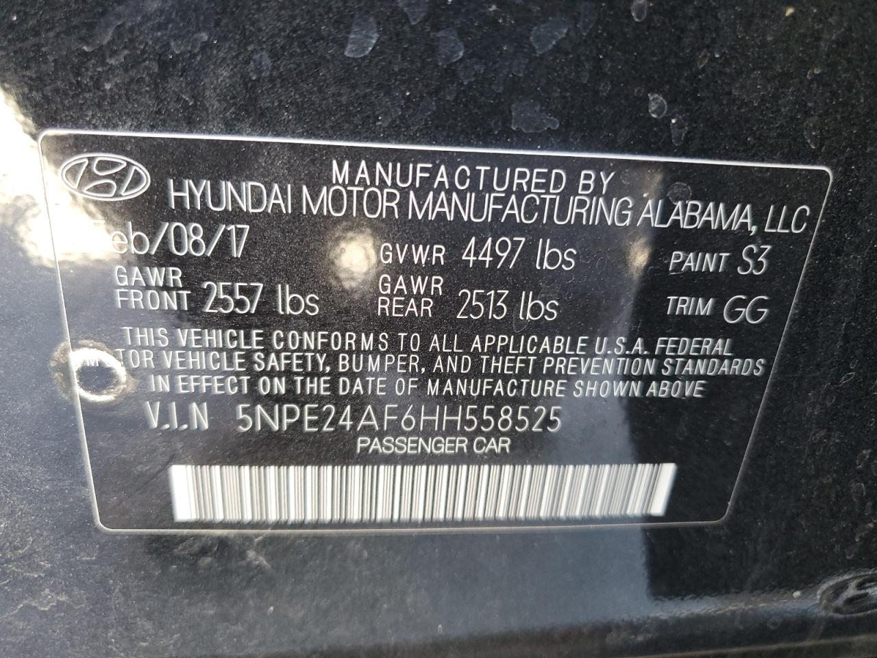 2017 Hyundai Sonata VIN 5NPE24AF6HH558525 Copart auction photo, front end / mechanical damage thumbnail 12