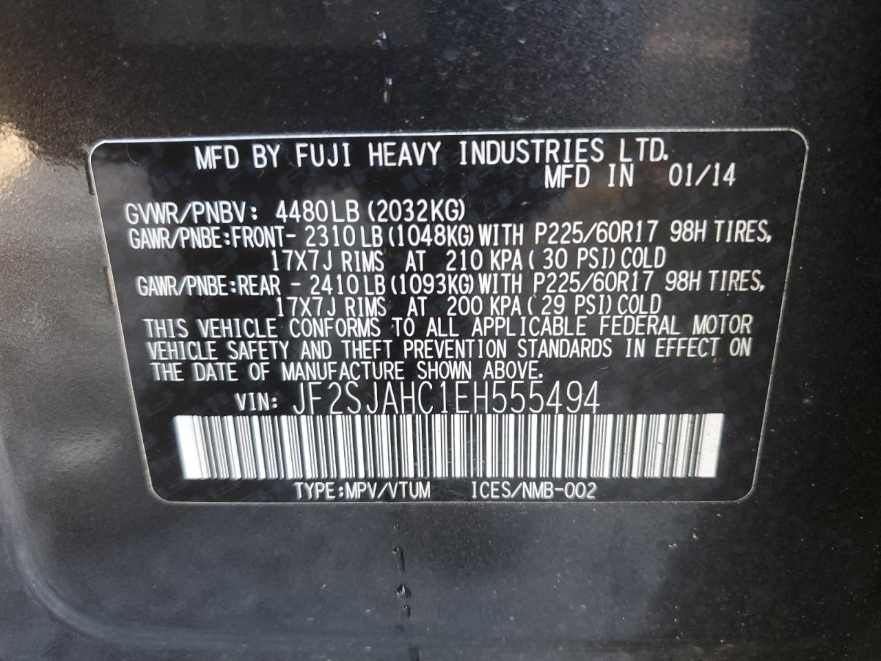 2014 Subaru Forester VIN JF2SJAHC1EH555494 Copart auction photo, top/roof damage thumbnail 12
