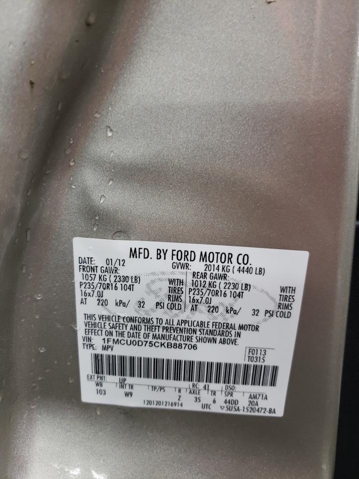 2012 Ford Escape VIN 1FMCU0D75CKB88706 Copart auction photo, front end damage thumbnail 12
