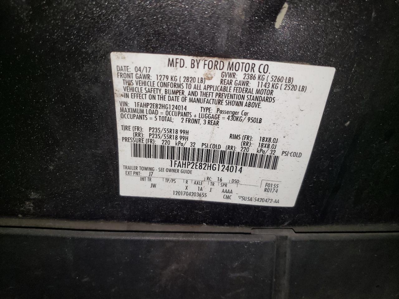 2017 Ford Taurus VIN 1FAHP2E82HG124014 Copart auction photo, side damage thumbnail 12