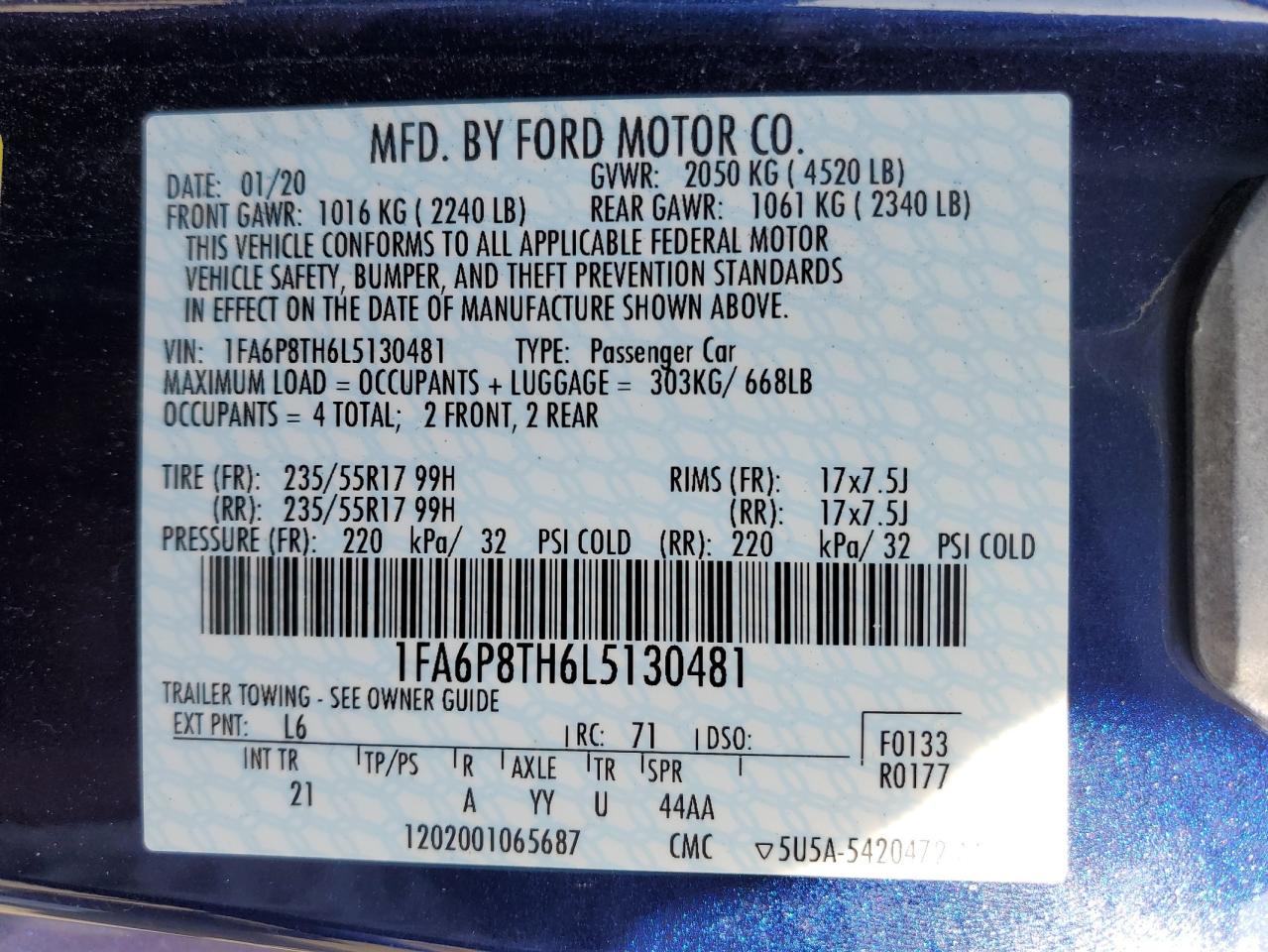 2020 Ford Mustang VIN 1FA6P8TH6L5130481 Copart auction photo, front end / side damage thumbnail 14