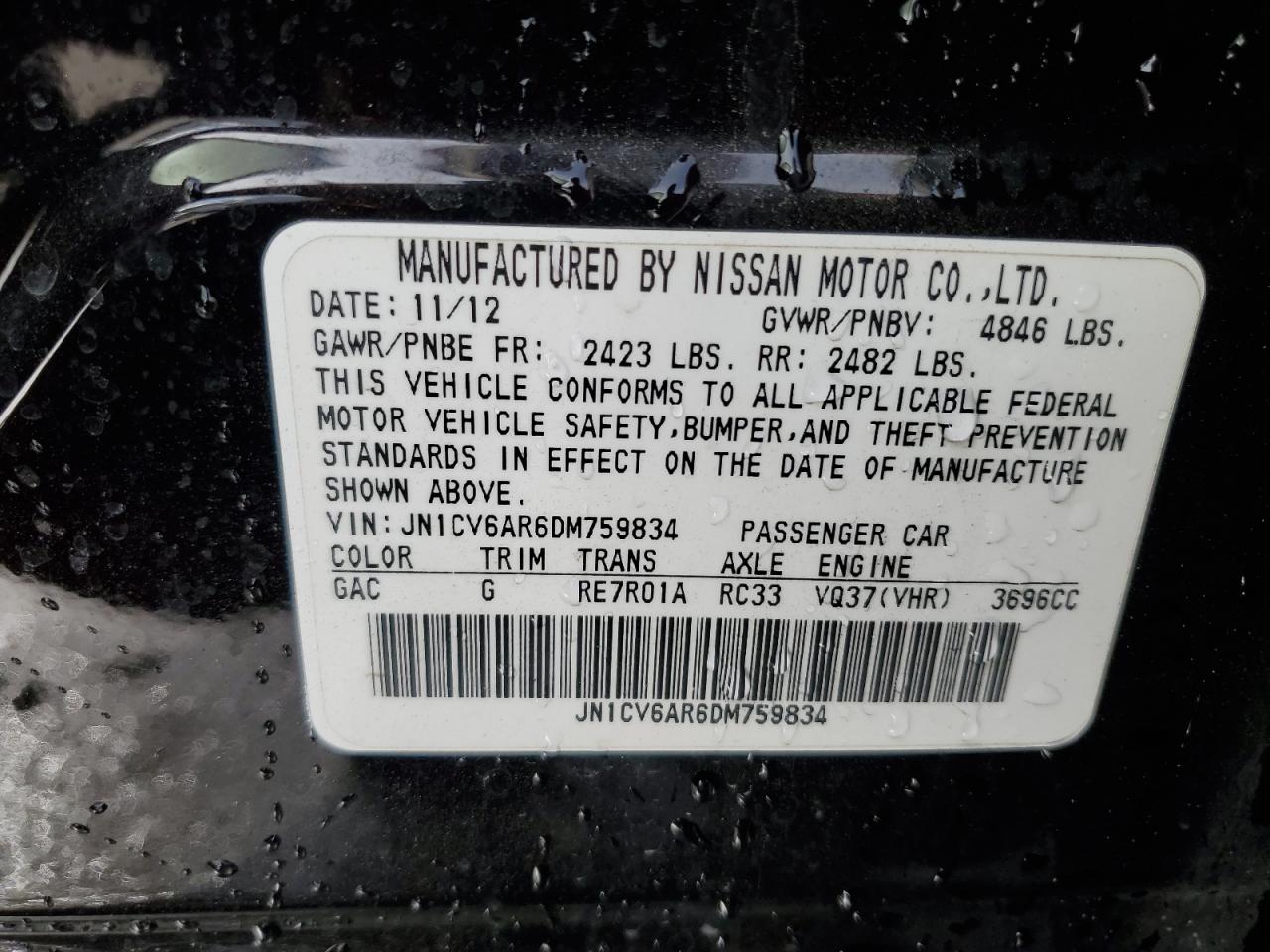 2013 Infiniti G VIN JN1CV6AR6DM759834 Copart auction photo, rear end / front end damage thumbnail 12