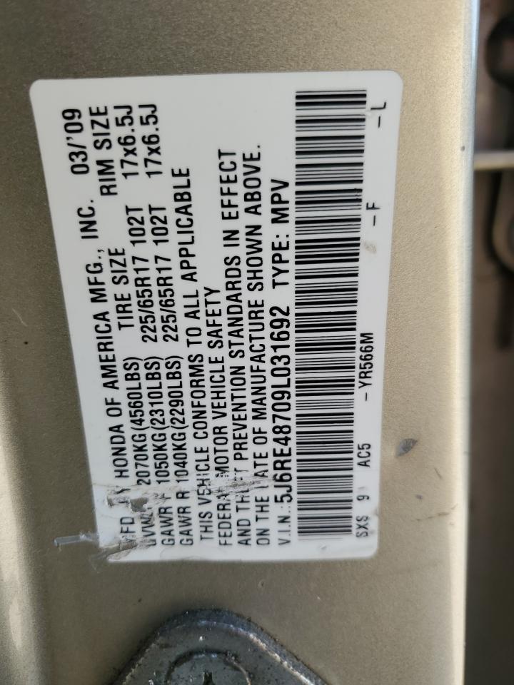 2009 Honda CR-V VIN 5J6RE48709L031692 Copart auction photo, front end damage thumbnail 13