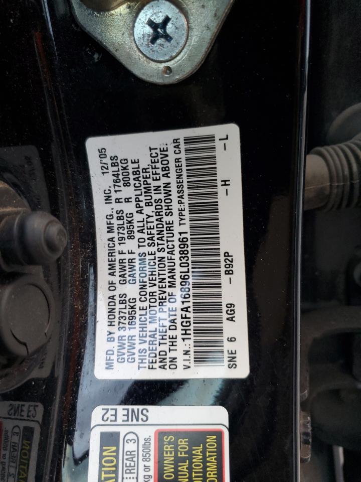 2006 Honda Civic VIN 1HGFA16896L038961 Copart auction photo, side damage thumbnail 12