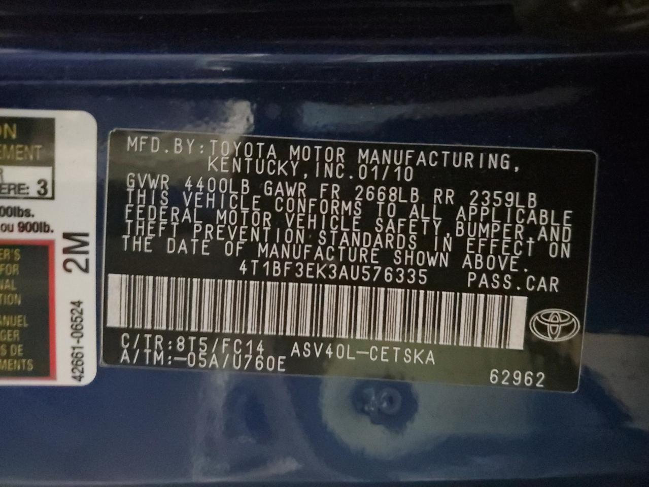 2010 Toyota Camry VIN 4T1BF3EK3AU576335 Copart auction photo, front end / minor dent/scratches damage thumbnail 12
