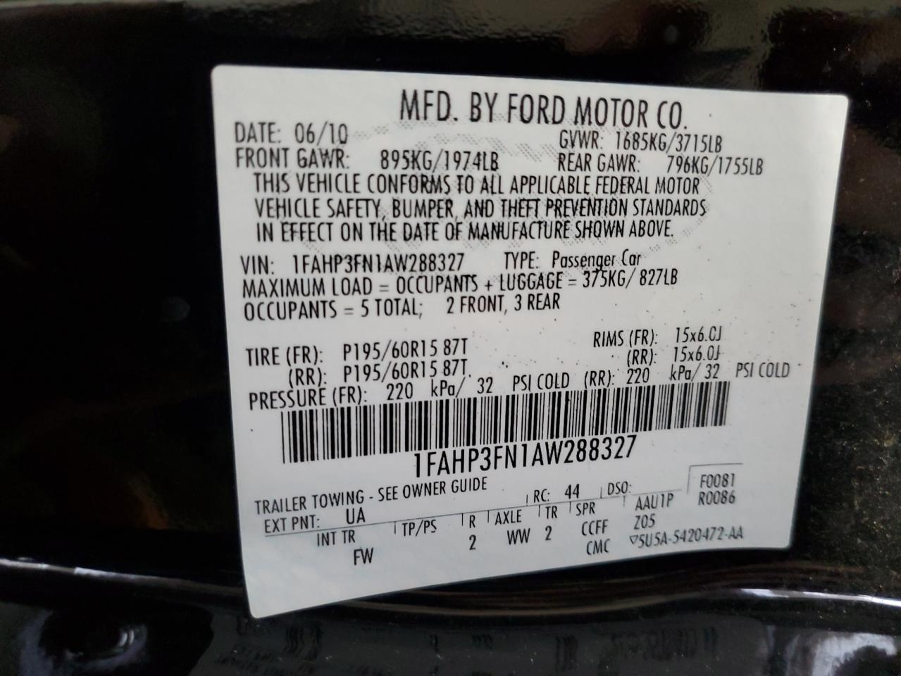 2010 Ford Focus VIN 1FAHP3FN1AW288327 Copart auction photo, front end / side damage thumbnail 13