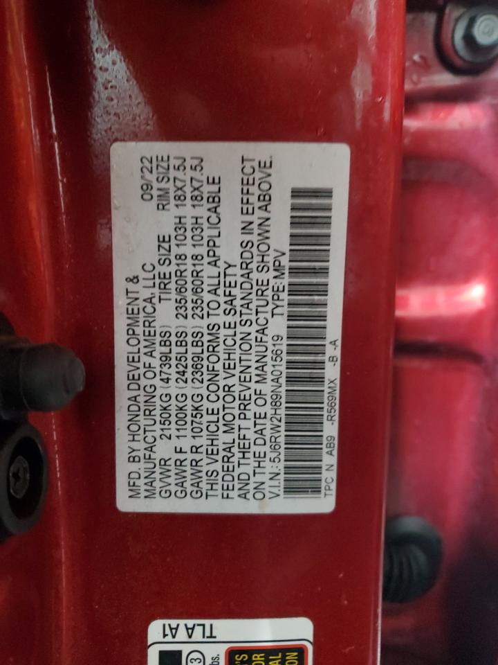 2022 Honda CR-V VIN 5J6RW2H89NA015619 Copart auction photo, front end damage thumbnail 15