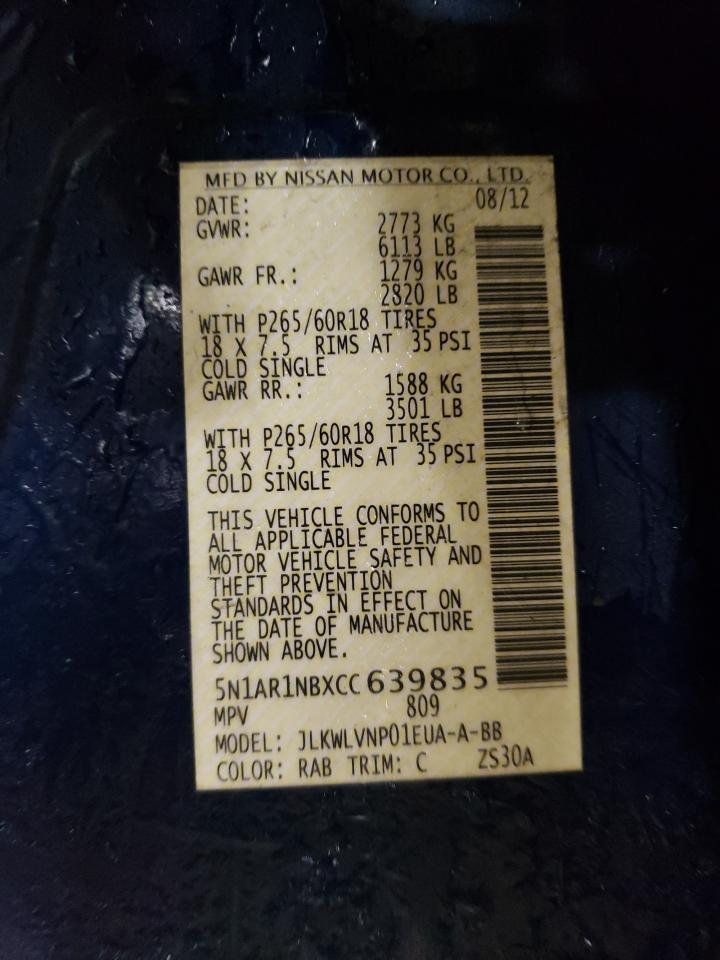 2012 Nissan Pathfinder VIN 5N1AR1NBXCC639835 Copart auction photo, side / front end damage thumbnail 13