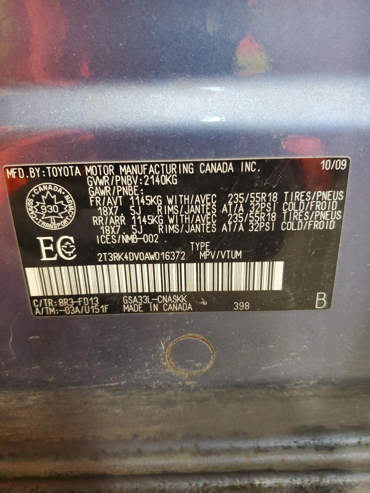 2010 Toyota RAV 4 VIN 2T3RK4DV0AW016372 Copart auction photo, front end / rear end damage thumbnail 13