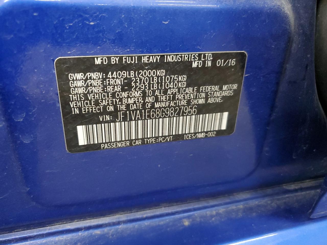 2016 Subaru WRX VIN JF1VA1E68G9827956 Copart auction photo, hail damage thumbnail 14