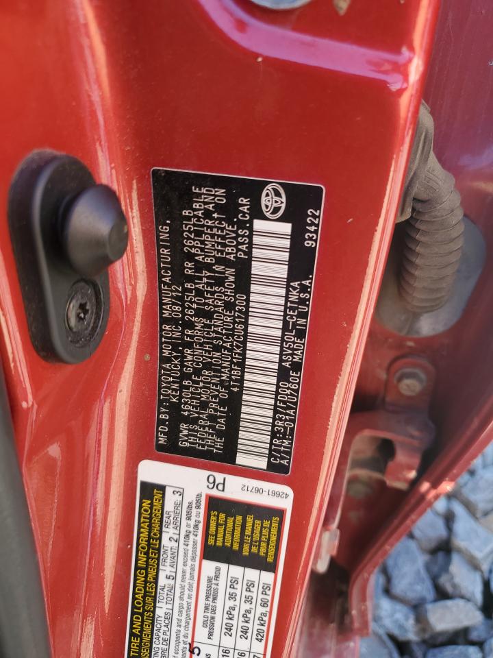 2012 Toyota Camry VIN 4T1BF1FK7CU617300 Copart auction photo, rear end / front end damage thumbnail 13