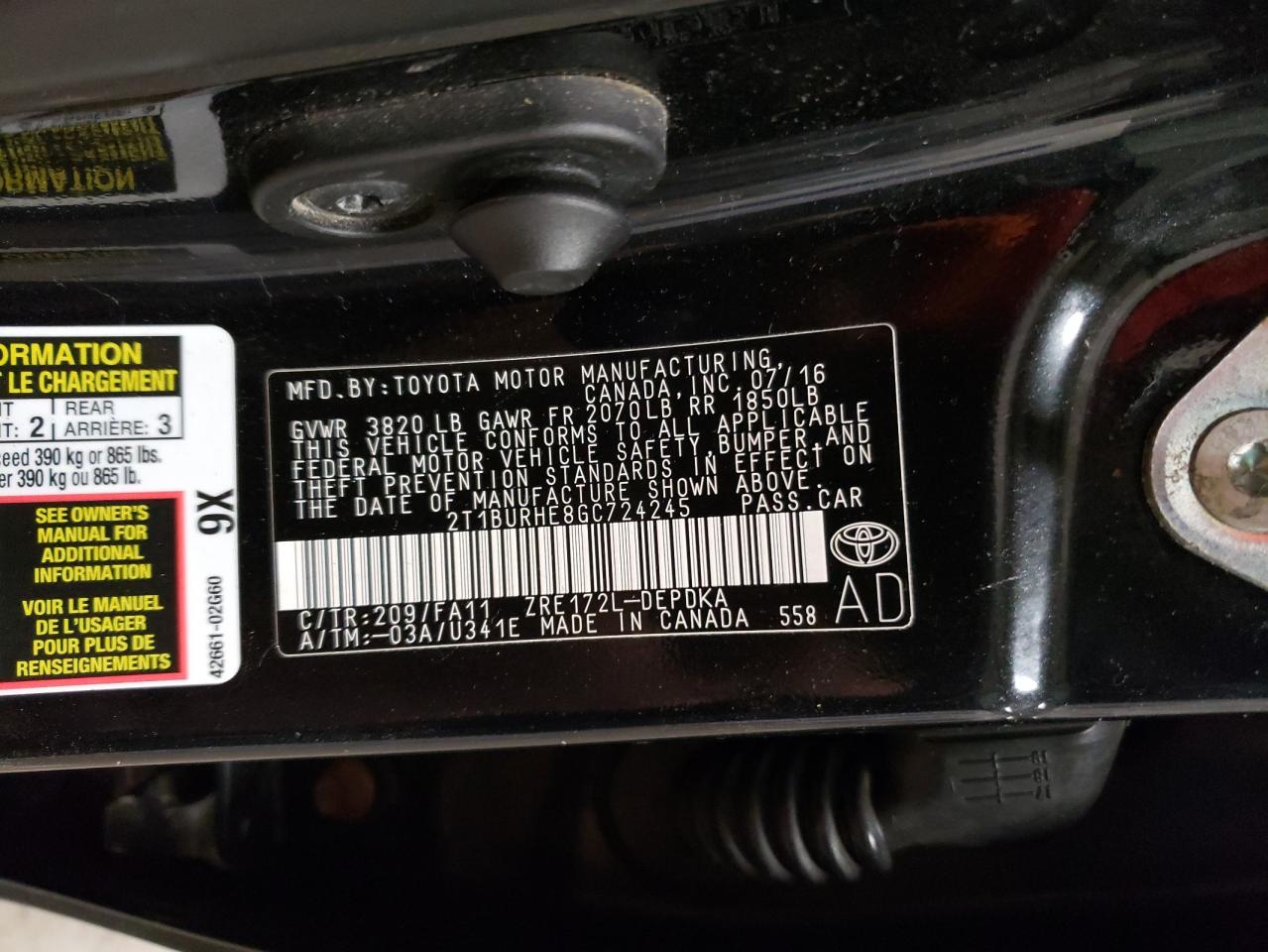 2016 Toyota Corolla VIN 2T1BURHE8GC724245 Copart auction photo, front end damage thumbnail 14
