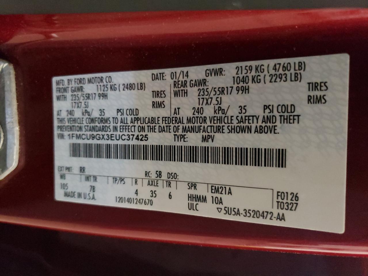 2014 Ford Escape VIN 1FMCU9GX3EUC37425 Copart auction photo, front end / undercarriage damage thumbnail 14
