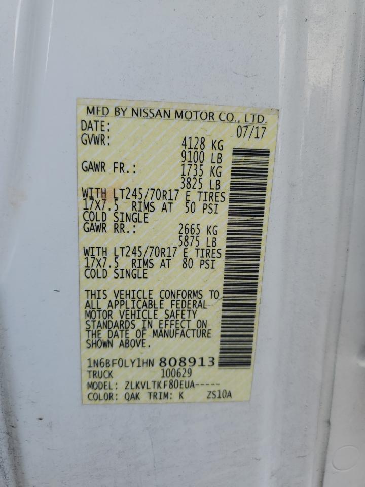 2017 Nissan NV VIN 1N6BF0LY1HN808913 Copart auction photo, rear end / minor dent/scratches damage thumbnail 13