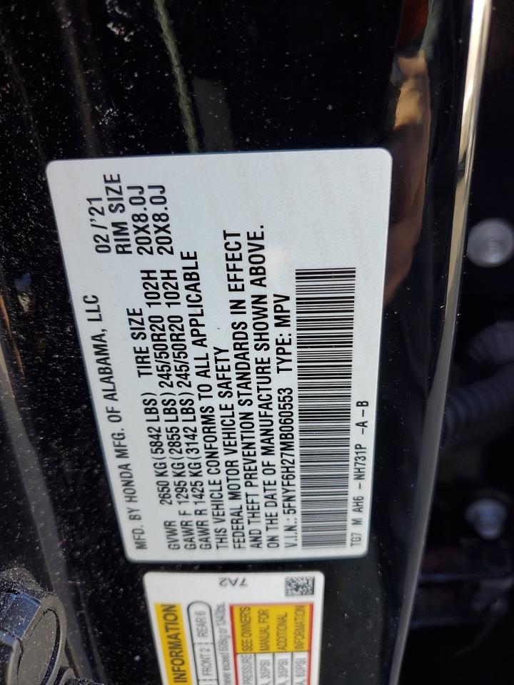 2021 Honda Pilot VIN 5FNYF6H27MB060553 Copart auction photo, front end damage thumbnail 13