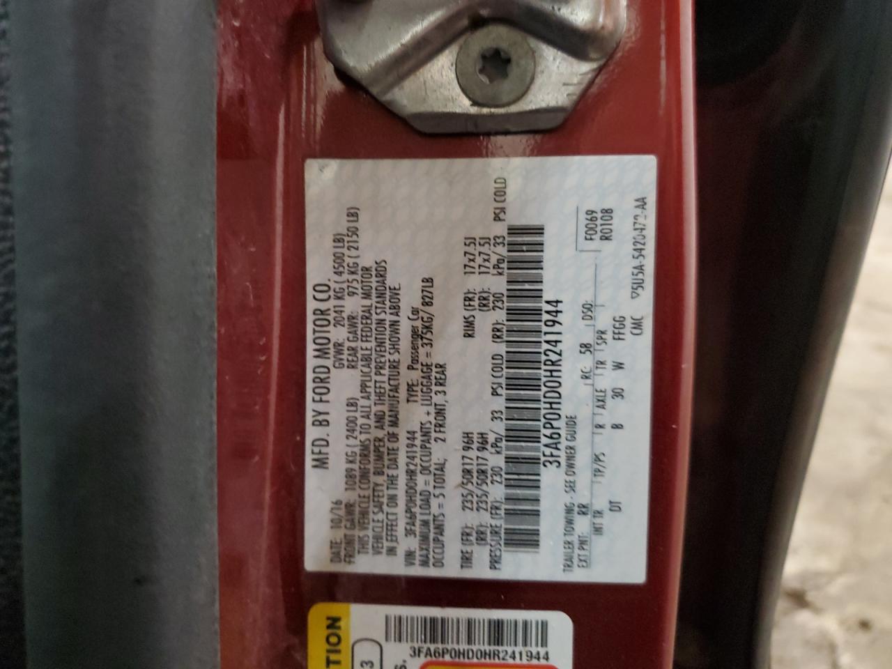 2017 Ford Fusion VIN 3FA6P0HD0HR241944 Copart auction photo, front end damage thumbnail 12