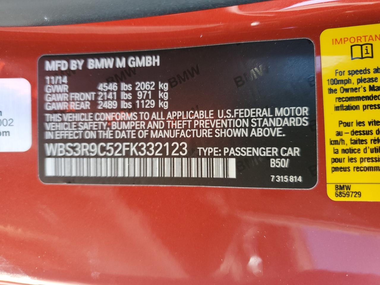 2015 BMW M4 VIN WBS3R9C52FK332123 Copart auction photo, front end damage thumbnail 13