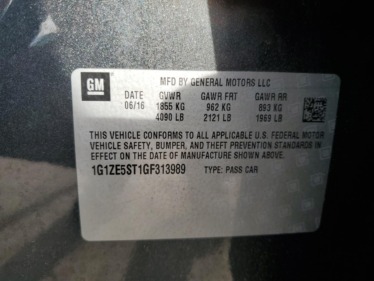 2016 Chevrolet Malibu VIN 1G1ZE5ST1GF313989 Copart auction photo, rear end / side damage thumbnail 12