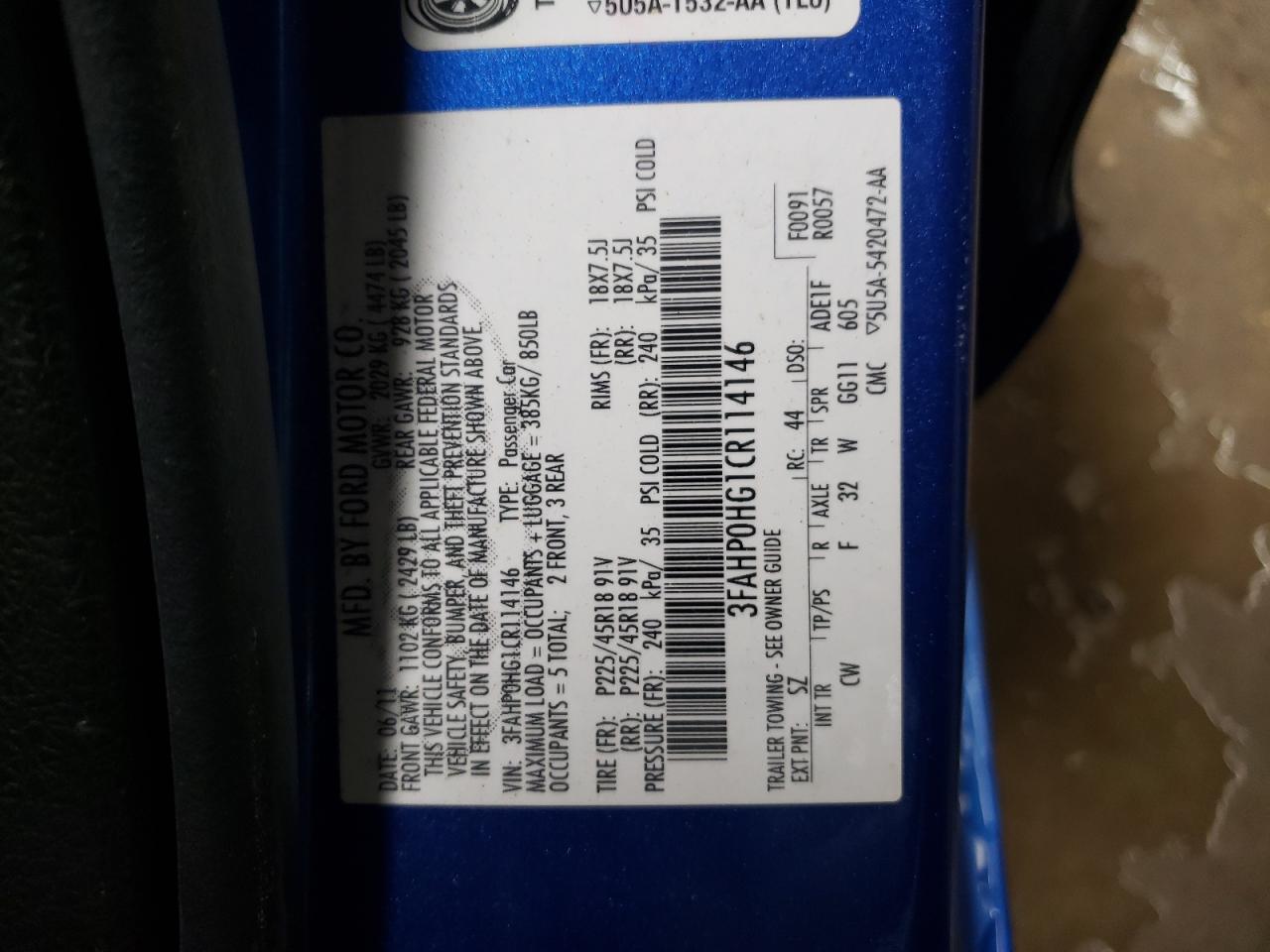 2012 Ford Fusion VIN 3FAHP0HG1CR114146 Copart auction photo, front end damage thumbnail 12