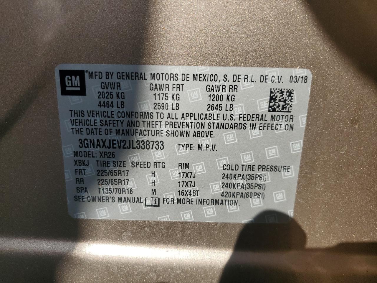 2018 Chevrolet Equinox VIN 3GNAXJEV2JL338733 Copart auction photo, water/flood / minor dent/scratches damage thumbnail 13